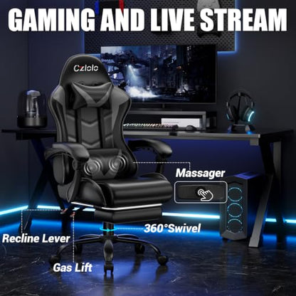 Czlolo Gaming Chair with Footrest Racing Style Lumbar Support Massager Video Game Chair with Metal Legs, High Back Reclining Gamer Chair with Headrest, 360° Swivel Office Computer Desk Chair (Gray) - color: Grey