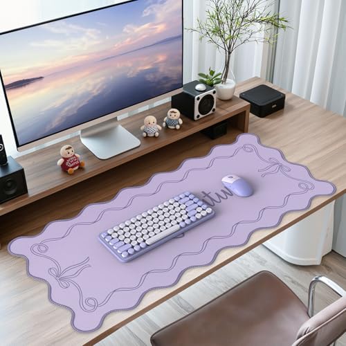 iCasso Purple Office Decor for Women, Scalloped Desk Cover Mat, Large Mouse Pad, Leather Waterproof Accessories Blotter, Non-Slip Mousepad for Organizer Office Dorm Supplies Teacher Girly - color: Purple Word