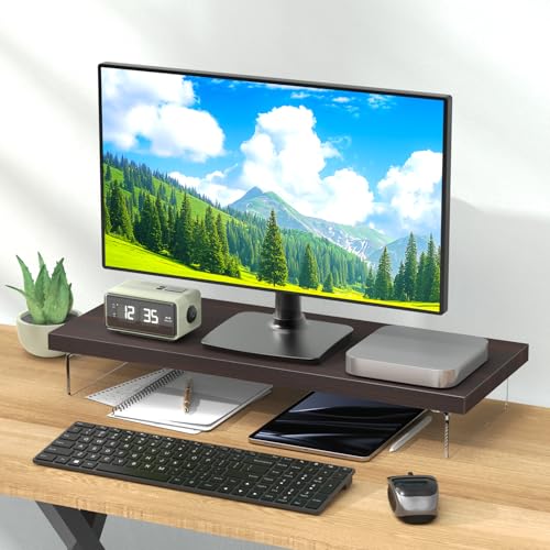 Monitor Stand Riser, 25x10 in Wood & Acrylic Computer Desk Organizer Shelf | Computer Monitor Stand With Wood & Acrylic Design; Works As Laptop Riser, Printer Stand, TV Screen Riser And Desk Organizer. - color: Smokey Oak, size: 25*10 Inch