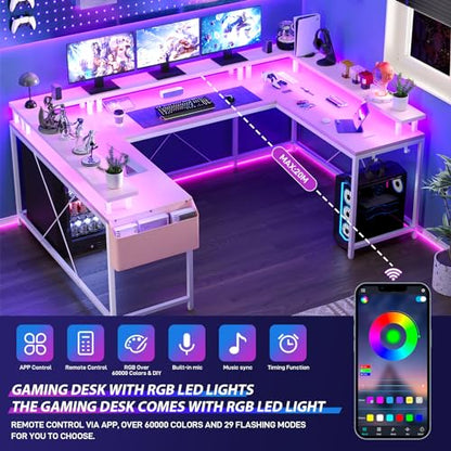 IDEALHOUSE U Shaped Home Office Desk, Reversible L Shaped Gaming Computer Desk with Power Outlets,126 Inch Computer Desk with Monitor Stand and LED Lights,Storage Shelves,Storage Bag and Hooks（Pink） - color: Pink