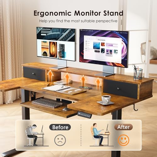 OffiGo 55 Inch U Shape Standing Desk, Keyboard Tray & Drawers, Rustic Brown - color: Rustic Brown With Drawers, size: 55 Inch