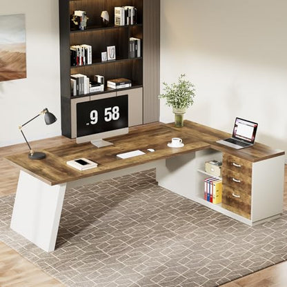 Tribesigns 78" L-Shaped Executive Desk, Large Modern Office Desk with Drawers and Lateral File Cabinet, Business Furniture with Storage Shelves, Big Computer Desk for Home Office (Brown + White) - color: Brown + White