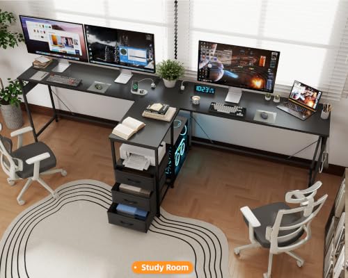 2 Person Computer Desk, 87" Long Gaming Desk for 2 People | Double Desk with 3 Fabric Drawers and 2 Power Outlets, Home Office Table for Adults and Teenagers, Black - color: Black, size: 35.4"D x 86.6"W x 30.7"H