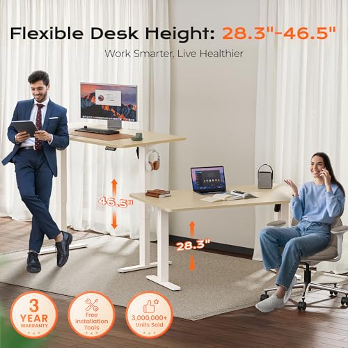 Huuger 55 x 28 Large Electric Standing Desk, Height Adjustable Desk, 27.6" Deep Desktop, Stand up Gaming Computer Office Desk with 2 Hooks, 3 Preset Heights, for Home Office, Maple - color: Maple, size: 55*28 inch (no outlets)