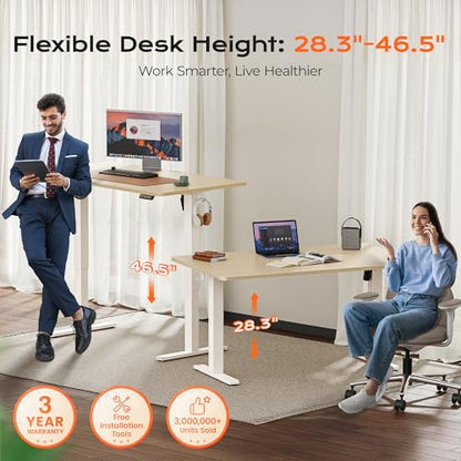 Huuger 55 x 28 Large Electric Standing Desk, Height Adjustable Desk, 27.6" Deep Desktop, Stand up Gaming Computer Office Desk with 2 Hooks, 3 Preset Heights, for Home Office, Maple - color: Maple, size: 55*28 inch (no outlets)