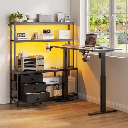 REAHOME 65Inch Black L Shaped Standing Desk with Drawers and Hutch | Charging Station, RGB LED lights, Reversible Desk, File Drawer& Storage Cabinet for home office, Dual Motor Sit Stand Frame - color: Black