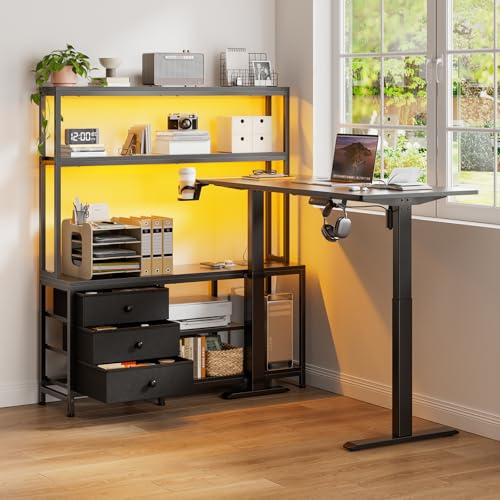 REAHOME 65Inch Black L Shaped Standing Desk with Drawers and Hutch | Charging Station, RGB LED lights, Reversible Desk, File Drawer& Storage Cabinet for home office, Dual Motor Sit Stand Frame - color: Black
