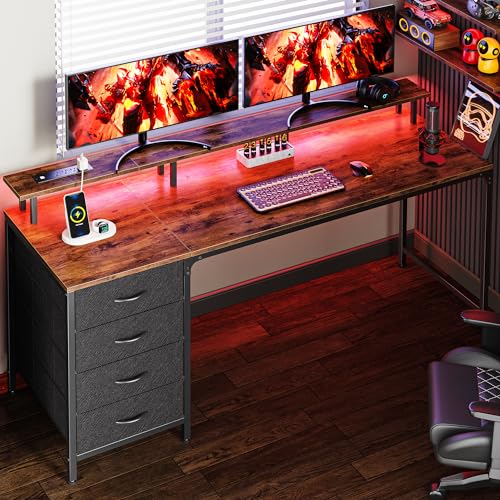 Huuger 63 Inch Rustic Brown Gaming & Office Computer Desk with 4 Drawers, Monitor Stand, LED Lights & Power Outlets - color: Rustic Brown, size: 63 INCH