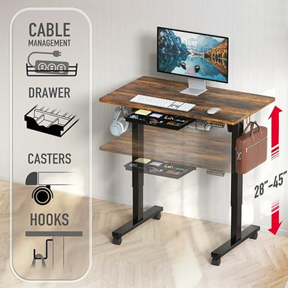 SHW Mobile Electric Height Adjustable Standing Desk w/Drawer, Rustic Brown | 40" Wide Top | w/ Memory Presets and Cable Management | Drawer with adjustable compartments | Hanging Hooks - color: Rustic Brown