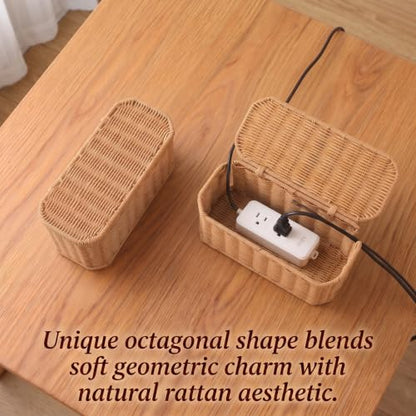 Small Cable Management Box, Mini Wicker Basket for Hiding Cords & Power Strips - size: Small