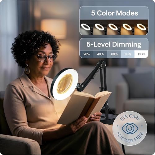 10X Magnifying Lamp - Desk Magnifying Glass with Light, Lighted Magnifying Glass with Stand, Magnifying Light, 5 Color Modes, 2 Mounting Options, USB Cable, Adapter & Magnetic Tray, White - color: White