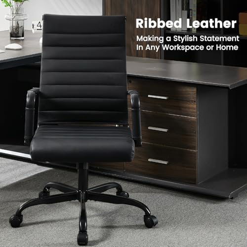 Office Desk Chair Leather, Conference Room Chairs with Wheels, Modern Executive Computer Guest Chairs with Arms. - color: Matte Black