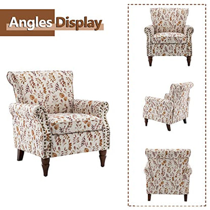 HULALA HOME Traditional Floral Accent Chair with Solid Wood Legs, Yellow | Comfy Upholstered Armchair Reading Chair with Rolled Armrests, Nailhead Trim, Removable Cushion, for Living Room Bedroom - color: Yellow