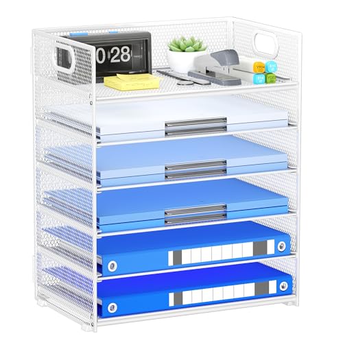 Paper Organizer for Desk with Handle, 6-Tier | Metal Mesh File Organizer, Stackable Letter Tray for Office Documents & Stationery Storage - color: White, size: 12.6" x 9.1" x 13.5"