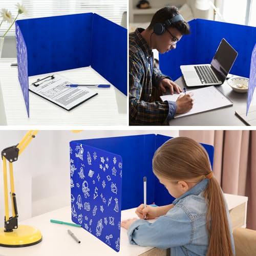 2-Pack Desk Dividers for Students, 3-Fold Privacy Screens, Durable Waterproof Plastic Study Boards, Easy Clean Classroom Shields for Schools,Teacher Supplies & Student Desk Organizers, Blue