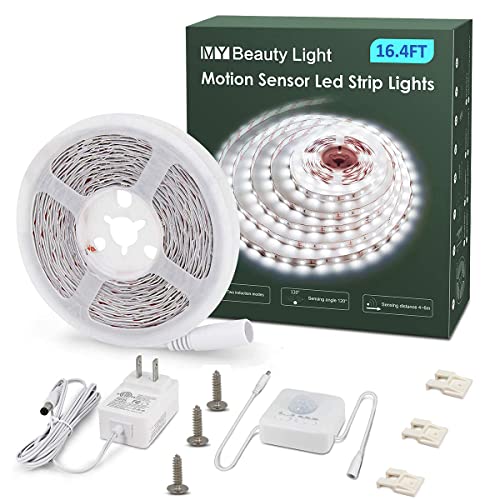 MY BEAUTY LIGHT Motion Activated LED Strip Lights, 16.4ft LED Light Strip with Day or Night 2 Lighting Modes, 3 Timing Off Modes, Bright White 12v Plug-in LED Rope Lights for Under Cabinet, Kitchen - color: White, size: 16.4ft