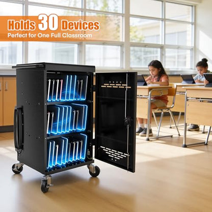Meteteel 30 Device Charging Cart for Chromebook iPad Laptop K-12 | Fits 14-in devices, lockable storage, 30-outlet power strip, circuit breaker, cable management, casters, K-12 schools offices - size: 30 Tablet/Chromebook