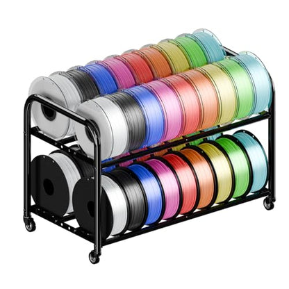 2 Tier Rolling Filament Rack, Holds 40+ 3D Spools, Under Desk Storage | Adjustable for 250g-1KG Spools, 360° Smooth Wheels, Compact 16.5" Wide, Tool-free Assembly. Perfect for 3d Farms Studios - color: Large