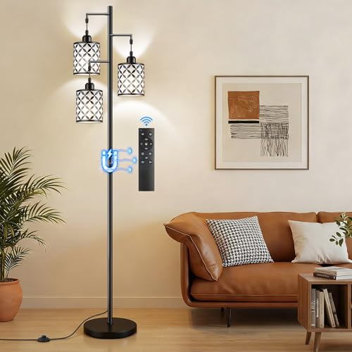 72" Dimmable Floor Lamp with Remote & Timer, Industrial Farmhouse Rustic Standing Lamp for Living Room Bedroom, 3 Individually Controlled Heads, 2 Height Options, 3 x LED Bulbs Included - color: Black (Remote-1100LM), size: 72"