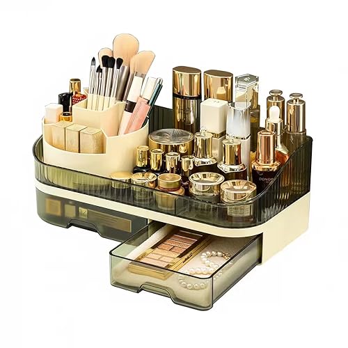 Makeup Organizer Countertop with Dual Drawers, Large Capacity Cosmetic Storage for Vanity Bathroom Skincare, 360° Rotating Makeup Brush Holder - color: green