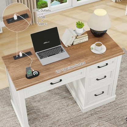 Vabches Farmhouse 47" Executive Desk with Charging Station, Unique White | Computer Desk with Drawers, Workstation Computer Desk with File Drawer for Home Office,Study. - color: Unique White