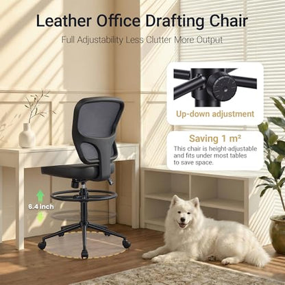 HYLONE Armless Office Chair with Footrest, PU Leather Swivel Desk Chair, Adjustable Height Drafting Chair for Home Office, Mid Back Counter Height Computer Chair