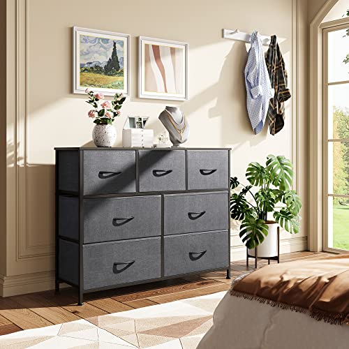 WLIVE 7 Drawer Dresser TV Stand, Entertainment Center, Media Console Table with Metal Frame and Wood Top for TV up to 45 inch, Chest of Drawers for Bedroom, Living Room, Dark Grey - color: Dark Grey