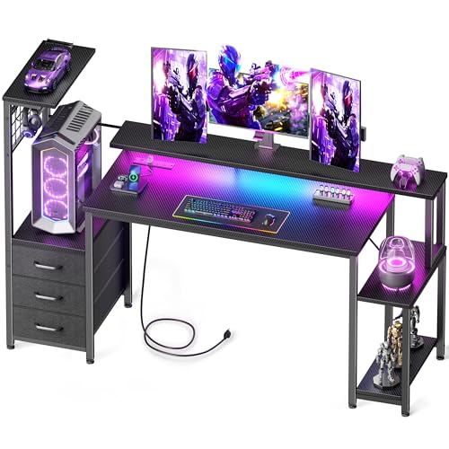Korfile 55" Gaming Desk with Power Outlet, LED, Carbon Fiber Black Finish - size: 55 Inches