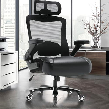 600lbs Big and Tall Office Chair, Heavy Duty Executive Computer Desk Chair | 3D Flip Arms, Large Wheels, Ergonomic Design, Extra Wide Seat, Adjustable Lumbar Support&Headrest, Mesh High Back Chair - color: Black-black Armrests