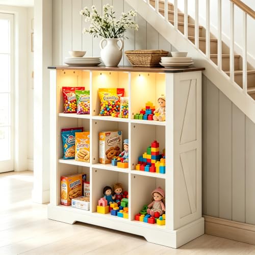 9 Cube Storage Organizer, Wood Cube Bookshelf with LED Lights, Horizontal Storage Cubes, Kids Bookshelf, Display Cabinet Cubby Shelf for Living Room Home Office Bedroom，White - color: White, size: 9