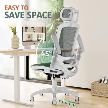 GABRYLLY Ergonomic Office Chair, High Back Home Desk Chair with Headrest, Flip-Up Arms, 90-120° Tilt Lock and Wide Cushion, 300LBS Mesh Chairs for Man Woman, White Task Chair(Olive Green,GY01WOG) - color: White Frame Olive Green Mesh