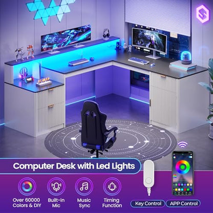 SEDETA 66" Modern L Shaped Desk with Drawers, Fluted Home Office Desk with File Cabinet and Printer Shelf, Wood Executive Desk with Monitor Stand, Led Lights, Power Outlets, White - color: White, size: L Shaped Desk