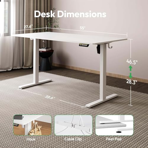 55 x 28 Inch Electric Standing Desk, 3 Memory Presets, White - color: White, size: 55*28