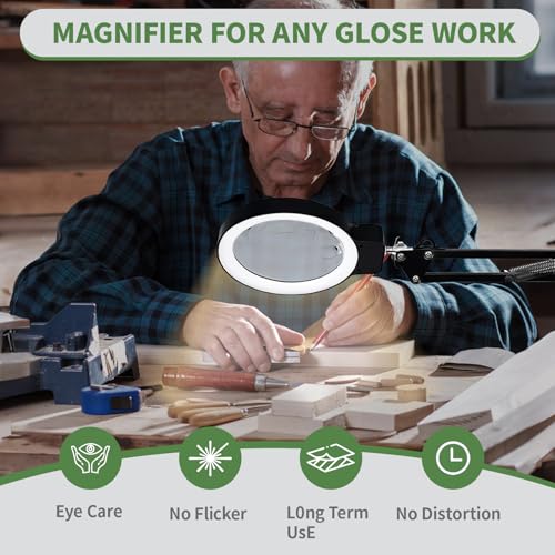 10X/20X Magnifying Glass with Light and Stand, LED Desk Magnifying lamp with Base and Clamp, 3 Color Mode, 10 Dimmable Levels Desktop Magnifier, Crafts Jewelry Sewing Close Work (Black) - color: Black