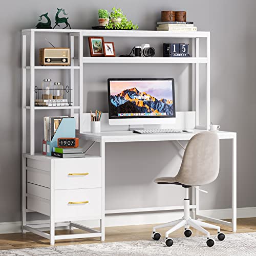 Tribesigns 55 Inch Computer Desk with 2 Drawers and Storage Shelves, Rustic Office Desk with Hutch, Study Writing Gaming Table Laptop Workstation for Home Office (White) - color: White