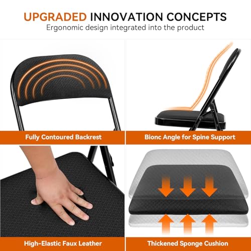 Fenbeli 4 Pack Padded Folding Chairs with Cushion, Black Fabric Foldable Chairs for Family Dining, Card & Game Nights, 330-Pound Heavy-Duty Steel Frame, Auto-Lock Hinge, Breathable Cushion, Folds Flat - color: Black, Fabric, size: Set of 4