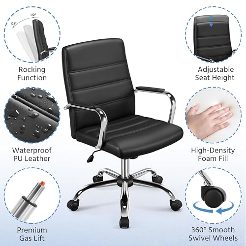 Yaheetech Black Office Chair PU Leather Swivel Rocking Desk Seat with Arms | Foam-padded channel-stitched PU leather back supports desk hours; chrome frame rocks, adjusts in height, rolls on casters. - color: Black