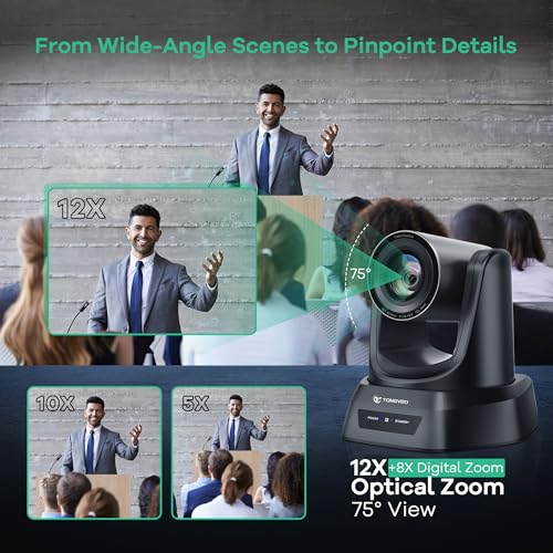 TONGVEO PTZ Camera AI Auto Tracking 12X Optical Zoom Conference Room Camera Wide View HDMI/USB3.0 60fps 1080P Video Conference for Church Worship Meeting Online Learn with Zoom YouTube OBS and More - color: Phantom