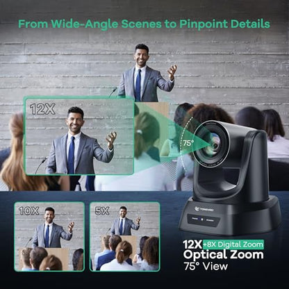 TONGVEO PTZ Camera AI Auto Tracking 12X Optical Zoom Conference Room Camera Wide View HDMI/USB3.0 60fps 1080P Video Conference for Church Worship Meeting Online Learn with Zoom YouTube OBS and More - color: Phantom