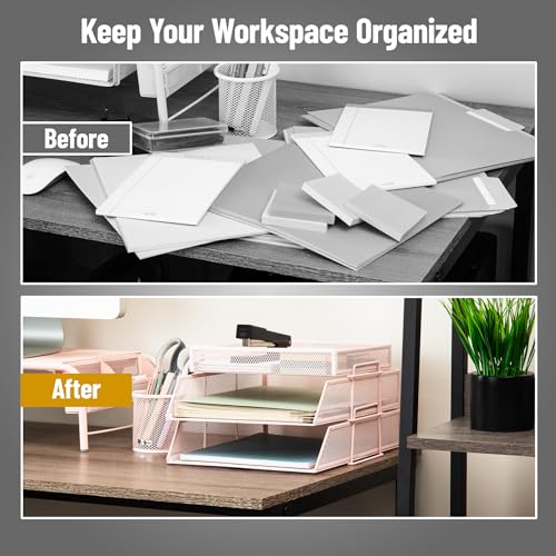 Mind Reader 2 Tier Paper Tray with Top Supply Compartment, Desktop File Organizer, Metal Mesh, Pink - color: Pink