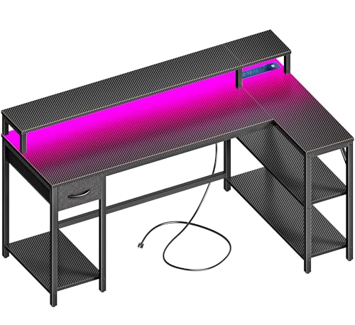 SUPERJARE 53 inch Reversible L Shaped Desk with LED Lights & Power Outlets, Computer Desk with Shelves & Monitor Stand, Gaming Desk with Drawer, Home Office Desk, Carbon Fiber Black - color: Carbon Fiber Black, size: 53 inch