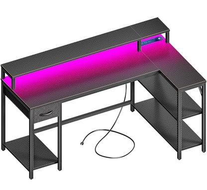 SUPERJARE 53 inch Reversible L Shaped Desk with LED Lights & Power Outlets, Computer Desk with Shelves & Monitor Stand, Gaming Desk with Drawer, Home Office Desk, Carbon Fiber Black - color: Carbon Fiber Black, size: 53 inch