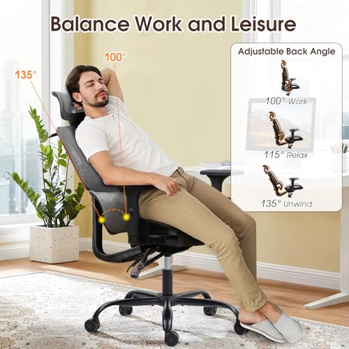 Grey Ergonomic High Back Mesh Office Chair | Lumbar Support, Adjustable Headrest, 3D Armrests, Reclining, Home/Office/Gaming, 330LBS - color: Grey, style: Upgrade w/o footrest