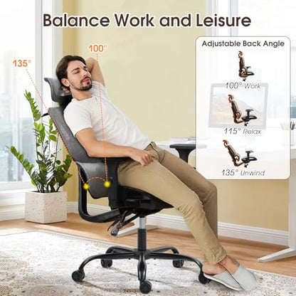 Grey Ergonomic High Back Mesh Office Chair | Lumbar Support, Adjustable Headrest, 3D Armrests, Reclining, Home/Office/Gaming, 330LBS - color: Grey, style: Upgrade w/o footrest