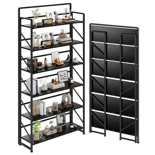 JSB 6 Tier No Assembly Folding Bookshelf, 30.3" Wide Foldable Storage Bookcase for Home Office, Space-Saving Storage Shelf for Living Room (Black) - color: Black, size: Wide 6-Tier