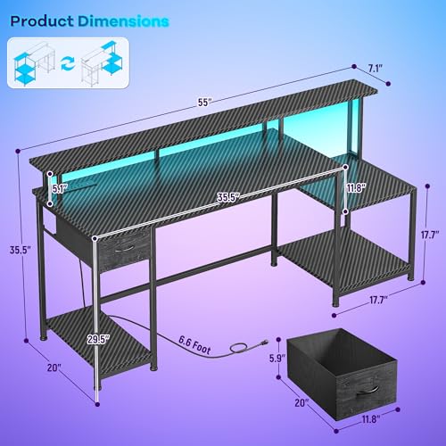 DurayLoly Gaming Desk with 55" Long Monitor Stand, 18" Ample Printer Space | Storage Drawer and File Shelves,Versatile RGB LED Lighting,Built-In USB Outlet,Sturdy Metal Frame,Bedroom Writing Desk,Black - color: Black Carbon Fiber