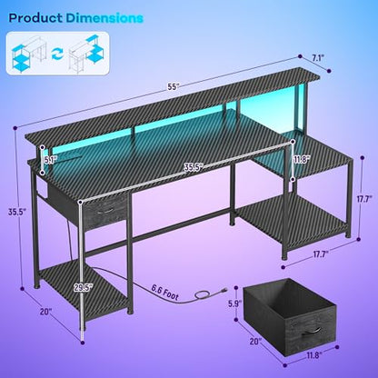 DurayLoly Gaming Desk with 55" Long Monitor Stand, 18" Ample Printer Space | Storage Drawer and File Shelves,Versatile RGB LED Lighting,Built-In USB Outlet,Sturdy Metal Frame,Bedroom Writing Desk,Black - color: Black Carbon Fiber