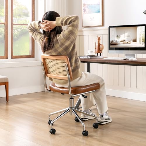 Zesthouse Leather Office Desk Chair with Wheels, Mid Century Rolling Desk Chair with Natural Rattan Back, Modern Swivel Home Office Chair, Small Height Adjustable Computer Task Chair, Brown - color: Brown, size: Armless