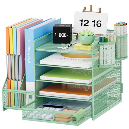 Marbrasse Desk Organizer with File Holder, 5-Tier Paper Letter Tray Organizer with Drawer and 2 Pen Holder, Mesh Desktop Organizer and Storage with Magazine Holder for Office Supplies (Green) - color: Green