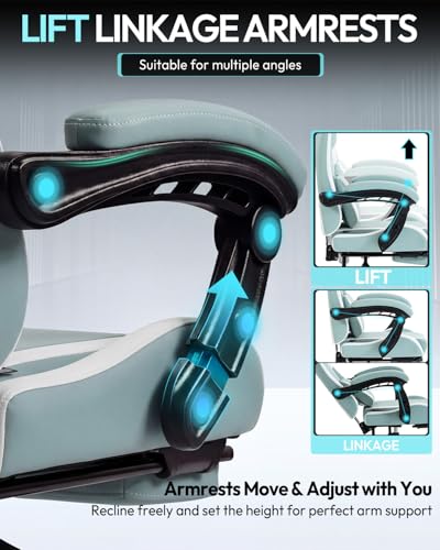 Dowinx Ergonomic Gaming Chair with Footrest & Massage Lumbar, 2D-Linkage Armrests for Computer Chair 330lbs with Headrest Pillow for Office, Home, Streaming and Long Gaming Sessions, Fabric Blue White - color: Blue White